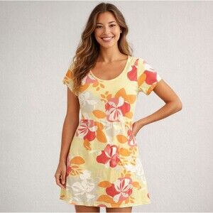 Fresh Produce Tropical T-Shirt Dress Womens Sz M Cotton Knit Knee Length Floral